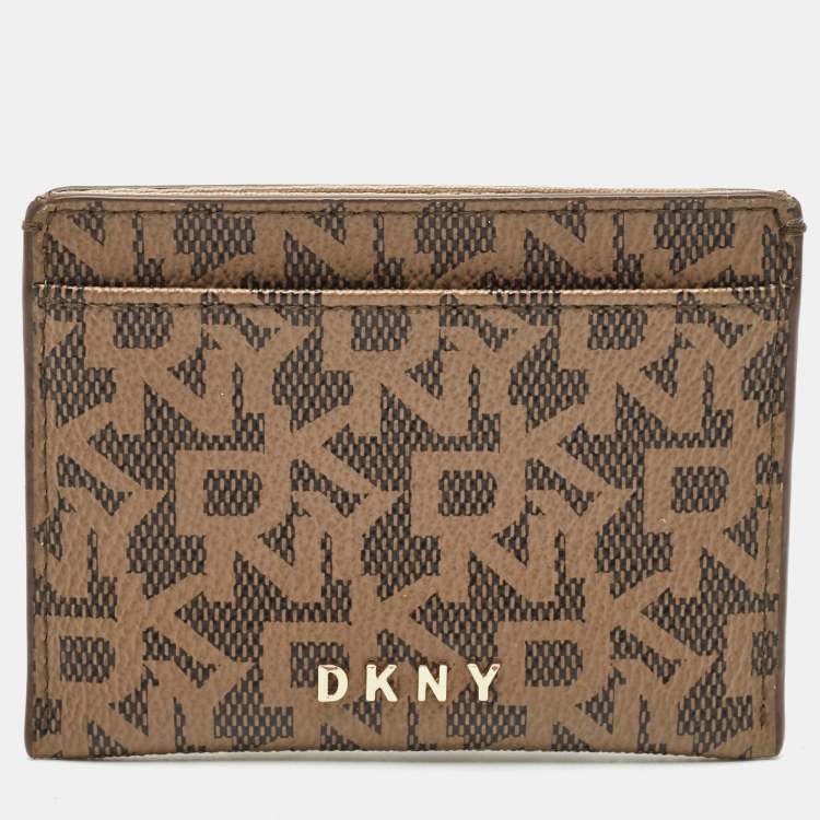 Pre Owned DKNY Beige/Brown Signature Coated Canvas Card Holder