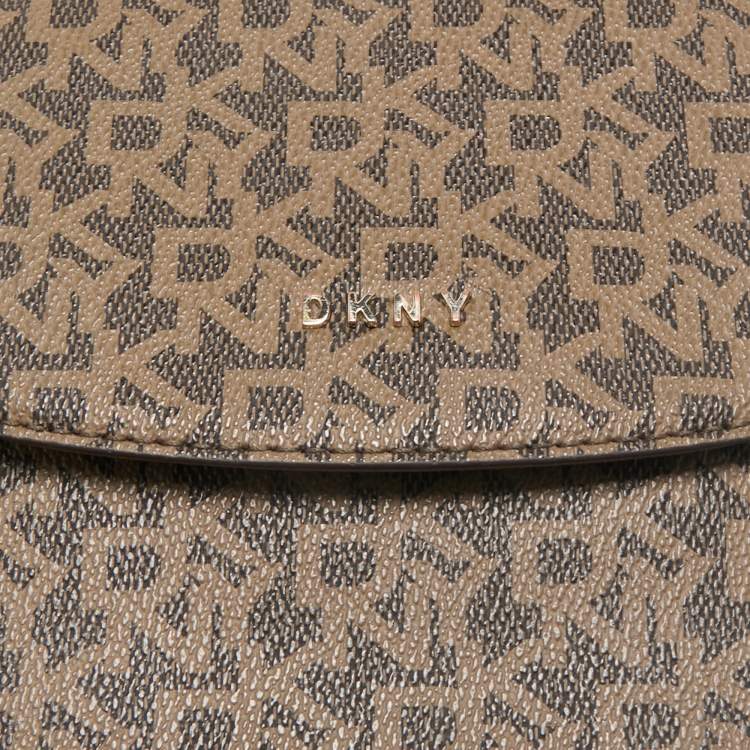 Pre Owned DKNY Two Tone Brown Signature Coated Canvas Bryant Park Flap Crossbody Bag
