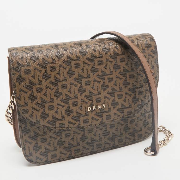 Pre Owned DKNY Two Tone Brown Signature Coated Canvas Bryant Park Flap Crossbody Bag