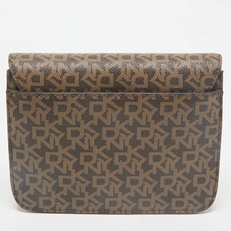 Pre Owned DKNY Two Tone Brown Signature Coated Canvas Bryant Park Flap Crossbody Bag