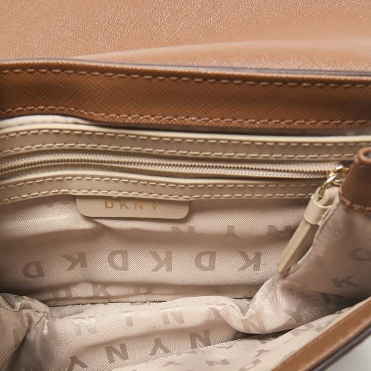 Pre Owned DKNY Two Tone Brown Signature Coated Canvas Bryant Park Flap Crossbody Bag