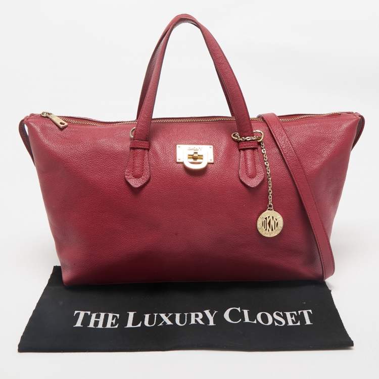 Pre Owned Dkny Red Leather Top Zip Tote