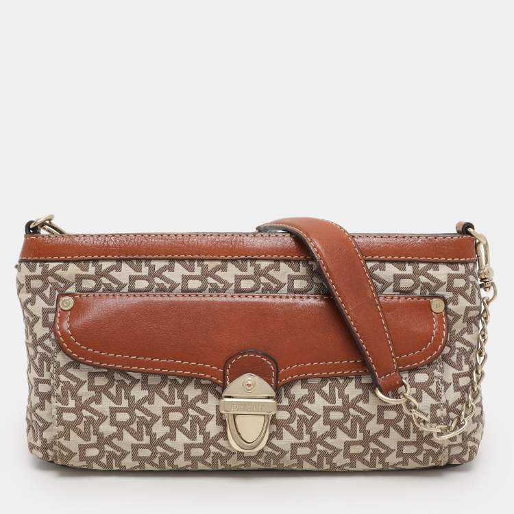 Pre Owned DKNY Beige/Brown Signature Canvas and Leather Shoulder Bag