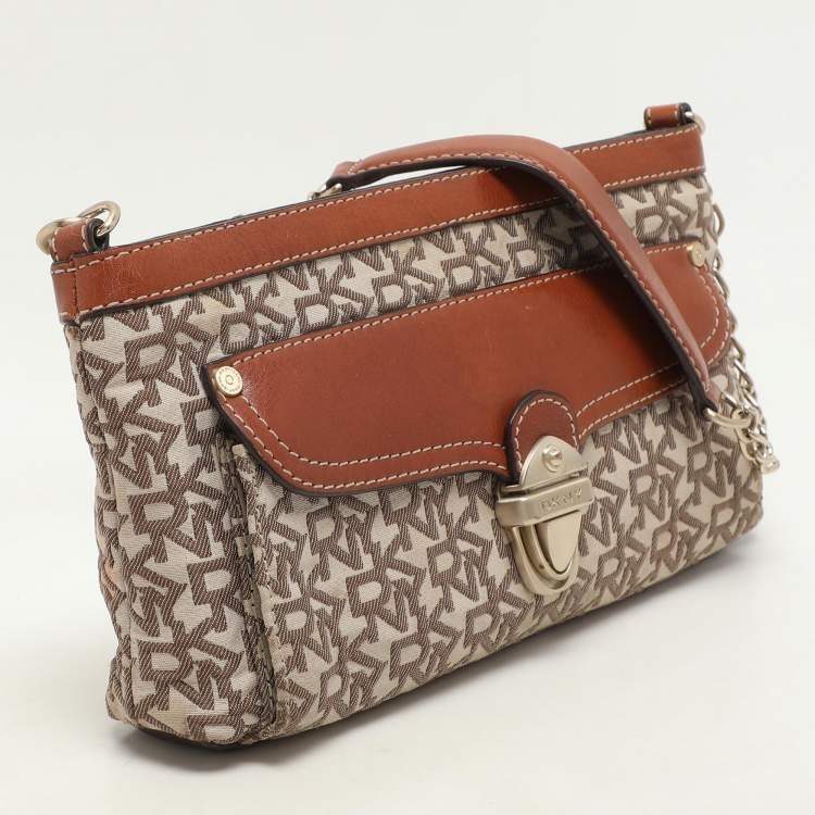 Pre Owned DKNY Beige/Brown Signature Canvas and Leather Shoulder Bag