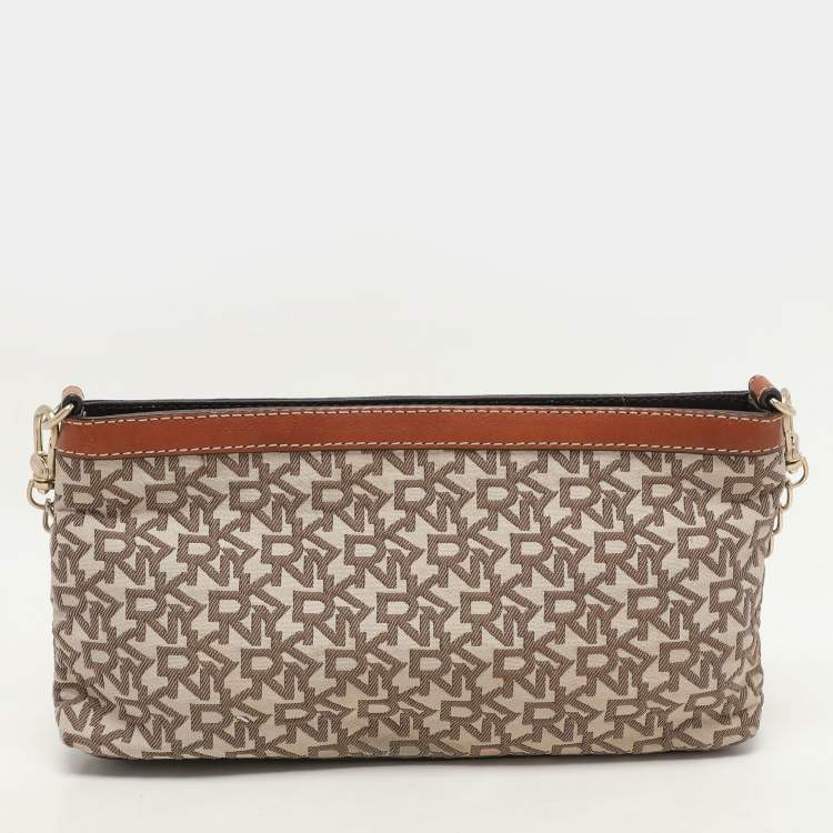 Pre Owned DKNY Beige/Brown Signature Canvas and Leather Shoulder Bag