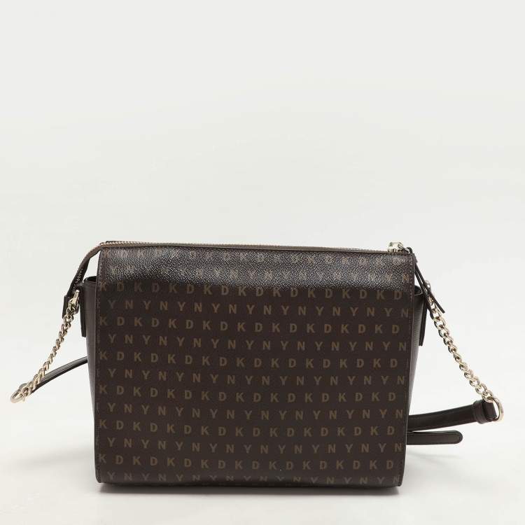 Pre Owned DKNY Brown Signature Coated Canvas Ava Zip Crossbody Bag