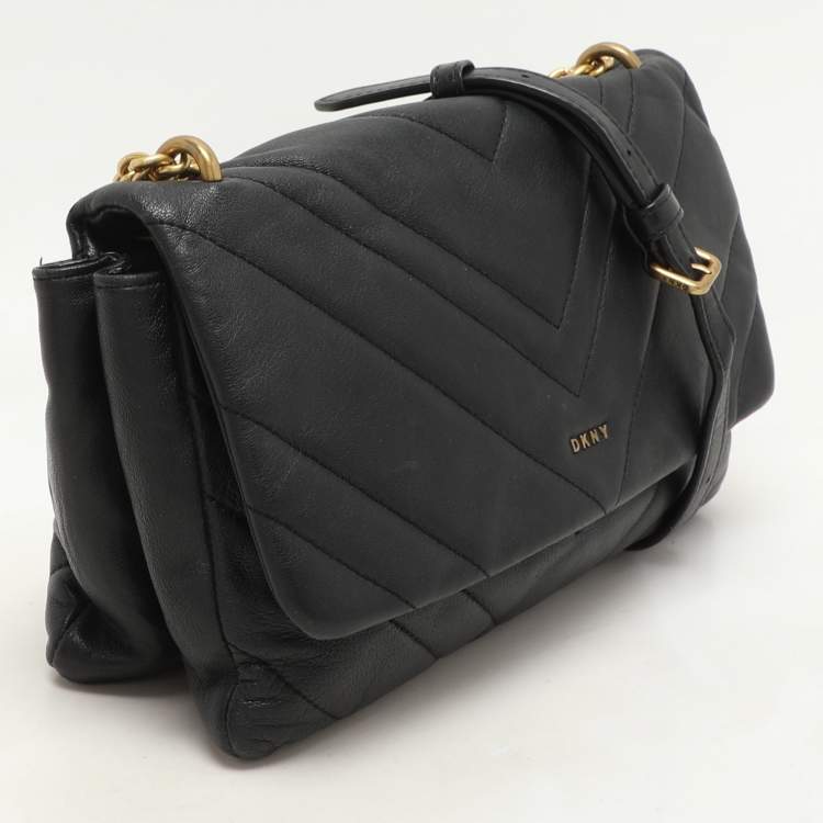 Pre Owned Dkny Black Quilted Leather Chain Flap Crossbody Bag