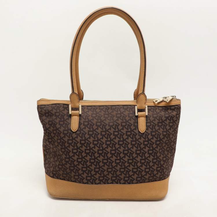 Pre Owned Dkny Brown/Tan Canvas and Leather Zip Tote