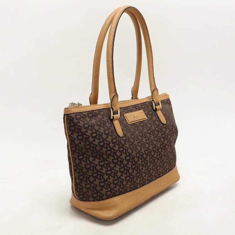 Pre Owned Dkny Brown/Tan Canvas and Leather Zip Tote