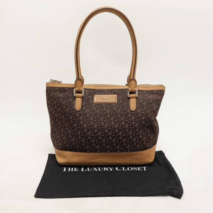 Pre Owned Dkny Brown/Tan Canvas and Leather Zip Tote