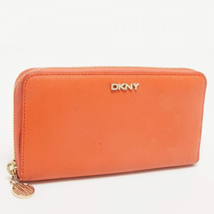 Pre Owned DKNY Orange Leather Zip Continental Wallet