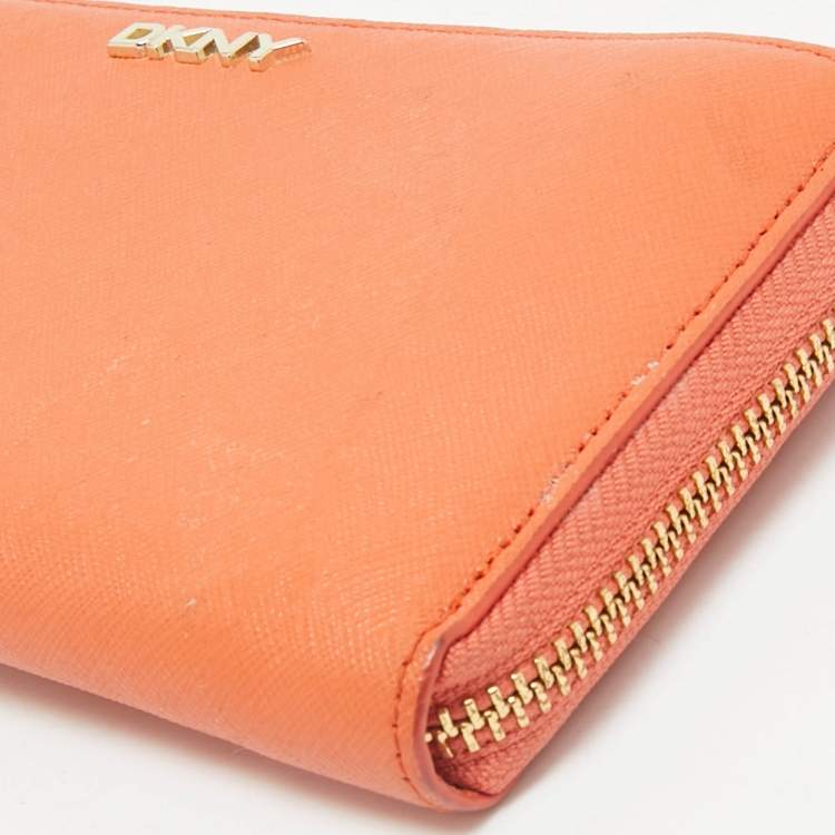Pre Owned DKNY Orange Leather Zip Continental Wallet