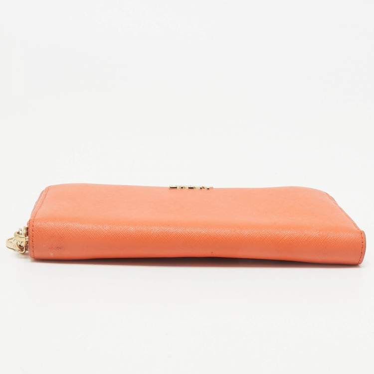 Pre Owned DKNY Orange Leather Zip Continental Wallet