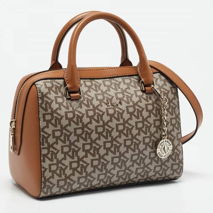 Pre Owned DKNY Tan/Beige Signature Coated Canvas Bryant Boston Bag