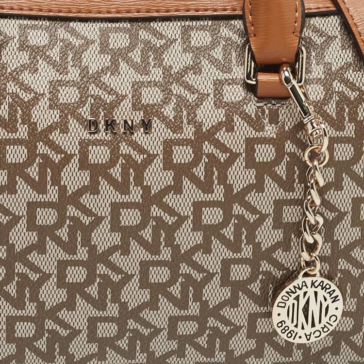 Pre Owned DKNY Tan/Beige Signature Coated Canvas Bryant Boston Bag