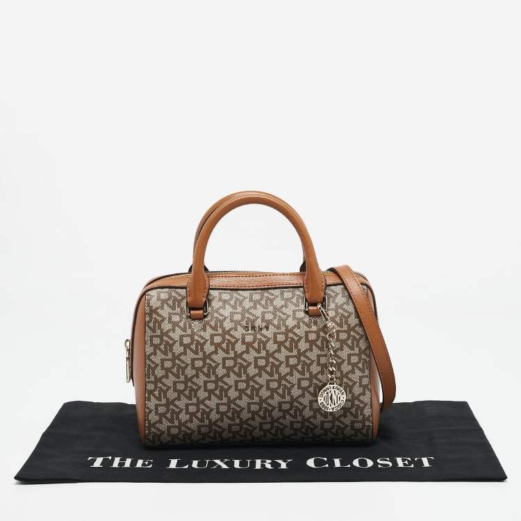 Pre Owned DKNY Tan/Beige Signature Coated Canvas Bryant Boston Bag