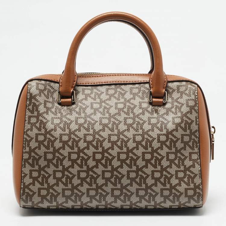 Pre Owned DKNY Tan/Beige Signature Coated Canvas Bryant Boston Bag