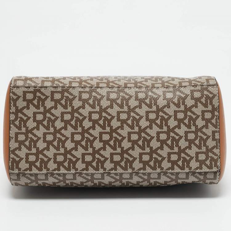 Pre Owned DKNY Tan/Beige Signature Coated Canvas Bryant Boston Bag