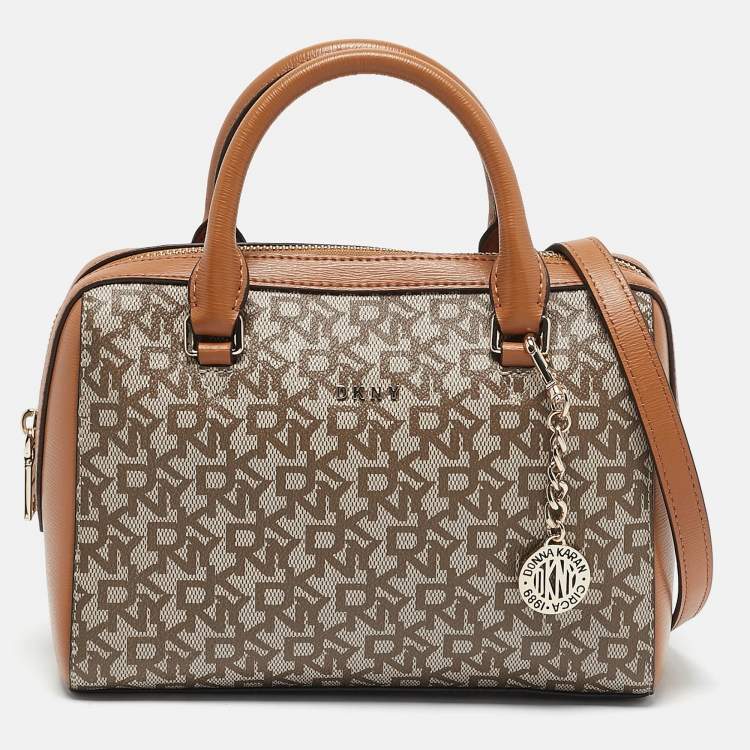 Pre Owned DKNY Tan/Beige Signature Coated Canvas Bryant Boston Bag