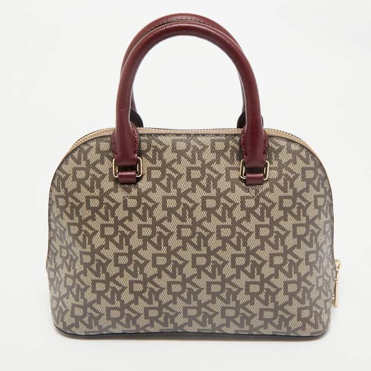 Pre Owned Dkny Brown/Maroon Signature Coated Canvas and Leather Small Dome Satchel