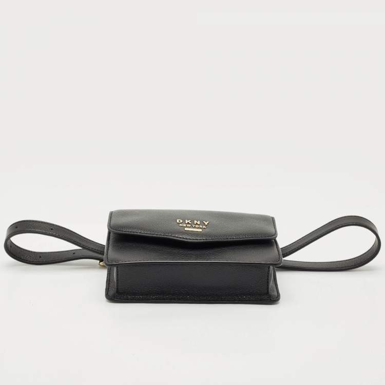 Pre Owned Dkny Black Leather Logo Flap Belt Bag