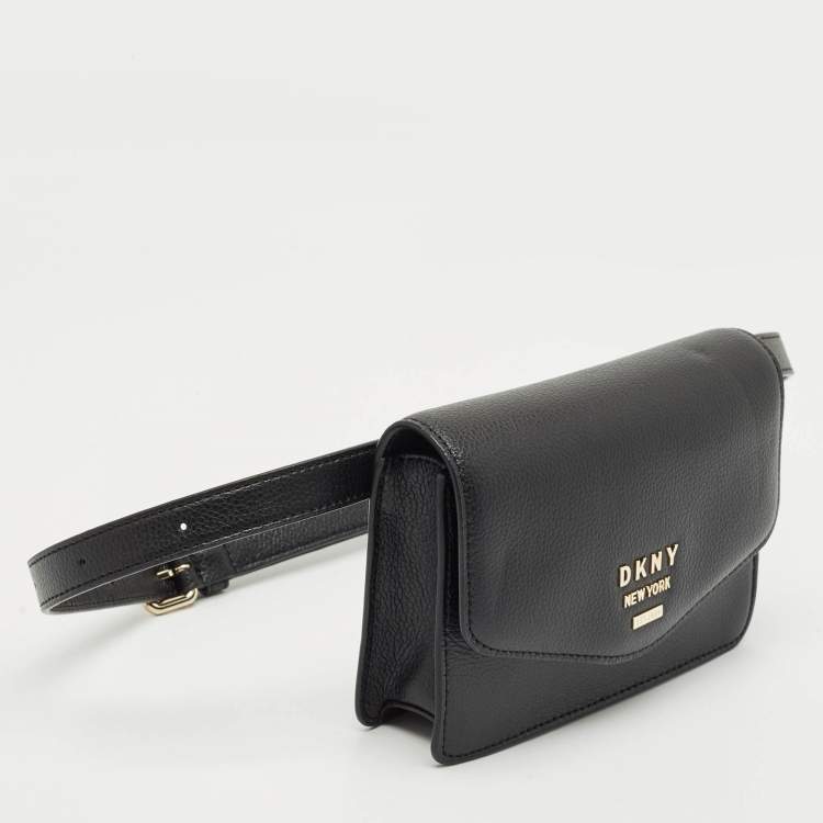 Pre Owned Dkny Black Leather Logo Flap Belt Bag