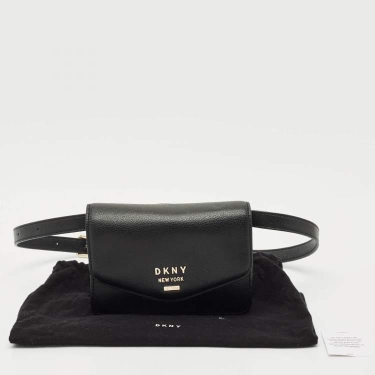 Pre Owned Dkny Black Leather Logo Flap Belt Bag