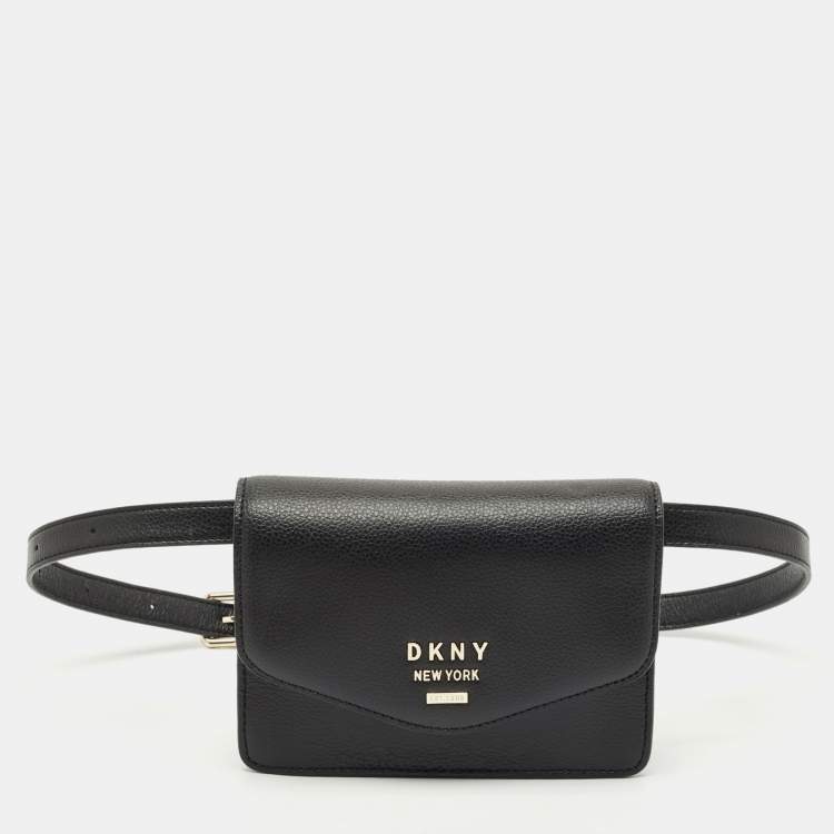 Pre Owned Dkny Black Leather Logo Flap Belt Bag
