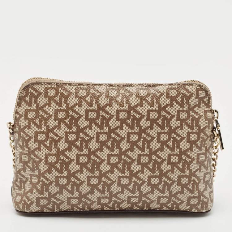 Pre Owned Dkny Beige/Brown Monogram Coated Canvas and Leather Crossbody Bag