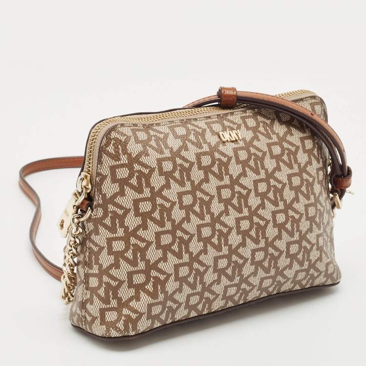 Pre Owned Dkny Beige/Brown Monogram Coated Canvas and Leather Crossbody Bag