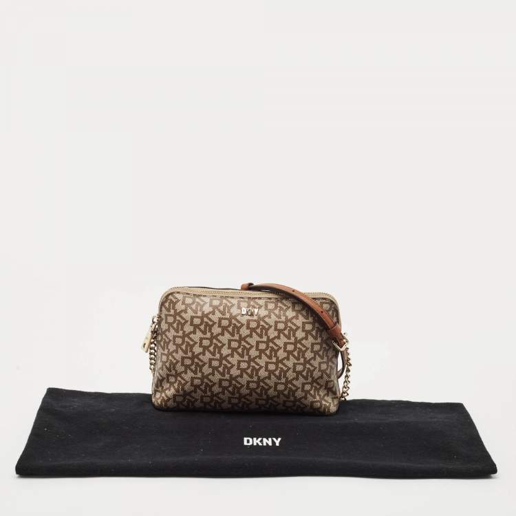 Pre Owned Dkny Beige/Brown Monogram Coated Canvas and Leather Crossbody Bag