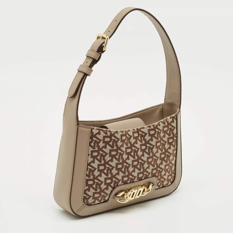 Pre Owned DKNY Beige Signature Canvas and Leather Valencia Shoulder Bag