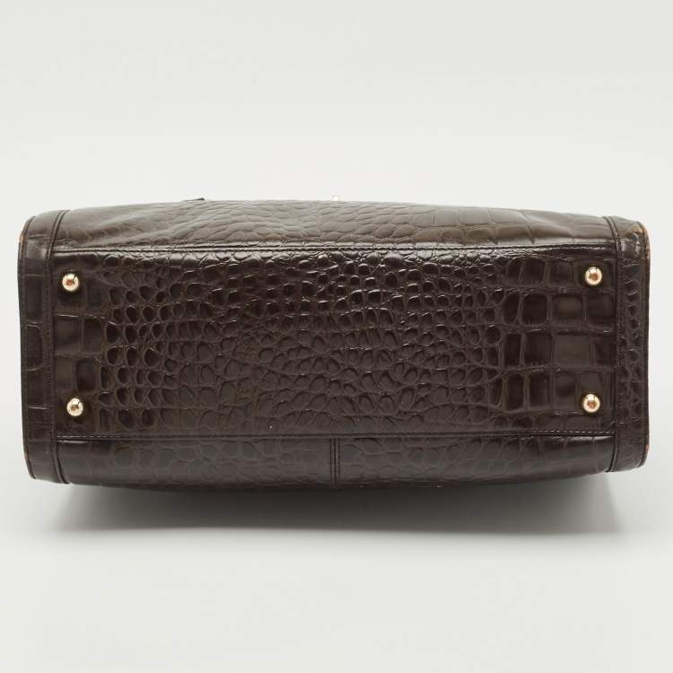 Pre Owned DKNY Dark Brown Croc Embossed Leather Satchel