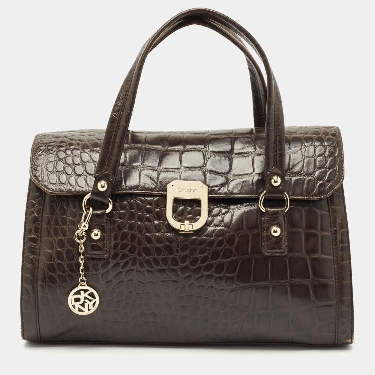 Pre Owned DKNY Dark Brown Croc Embossed Leather Satchel