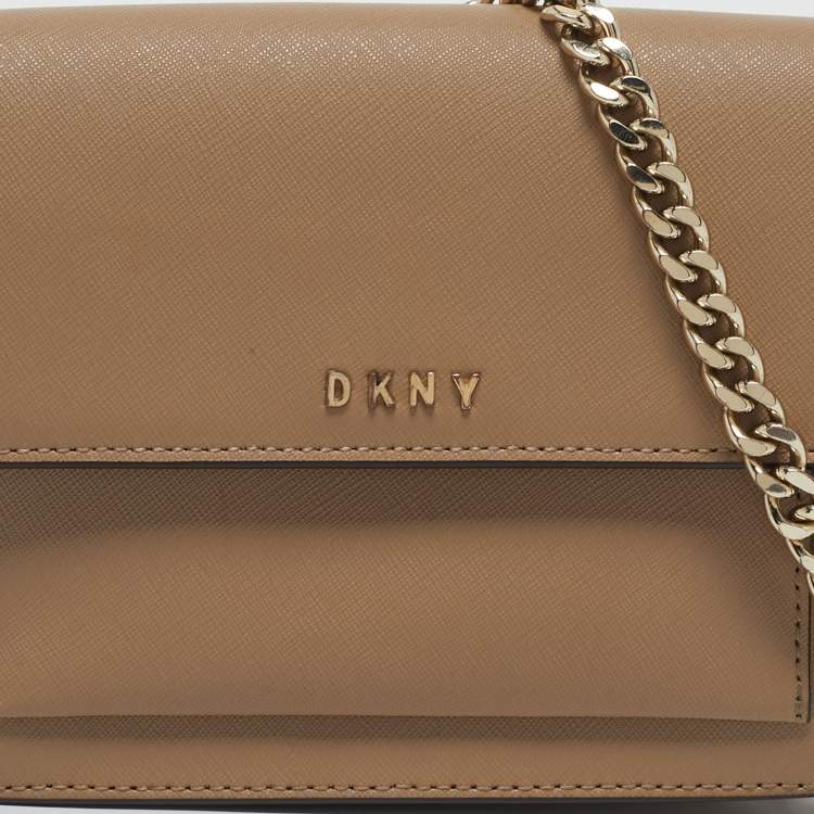 Pre Owned DKNY Beige Leather Flap Chain Crossbody Bag