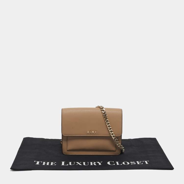 Pre Owned DKNY Beige Leather Flap Chain Crossbody Bag