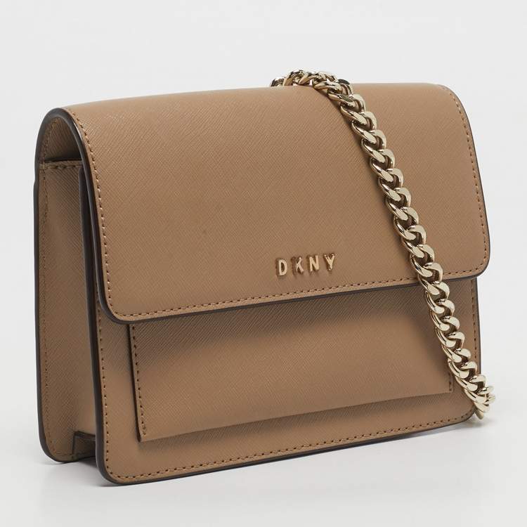 Pre Owned DKNY Beige Leather Flap Chain Crossbody Bag