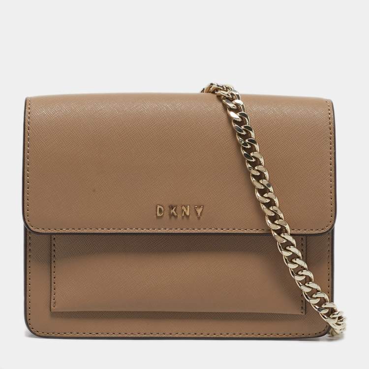 Pre Owned DKNY Beige Leather Flap Chain Crossbody Bag