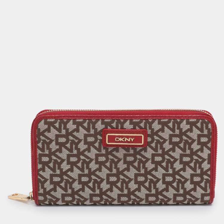 Pre Owned DKNY Beige/Red Canvas and Leather Zip Around Wallet