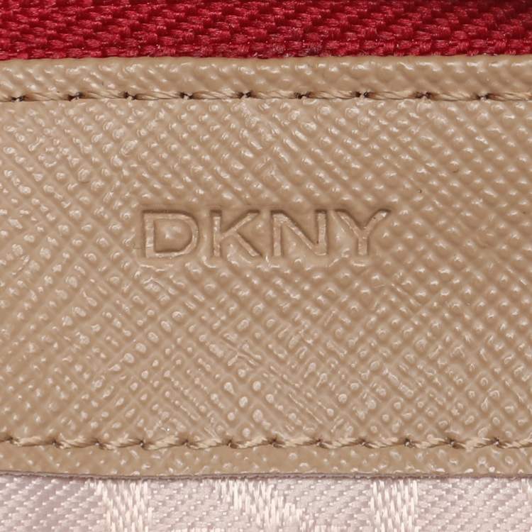 Pre Owned DKNY Beige/Red Canvas and Leather Zip Around Wallet