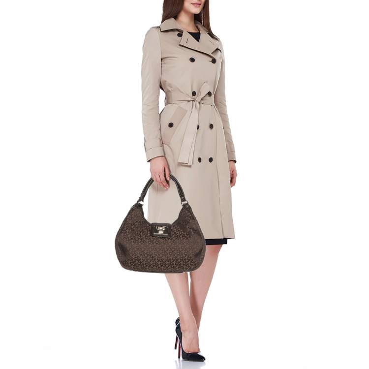 Pre Owned Dkny Brown Signature Canvas and Leather D Buckle Hobo
