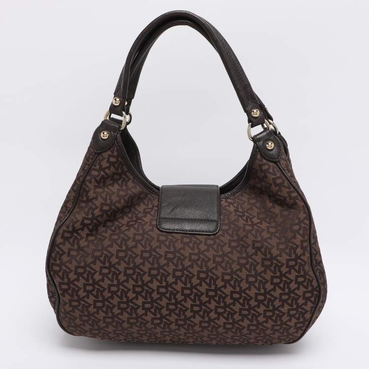 Pre Owned Dkny Brown Signature Canvas and Leather D Buckle Hobo