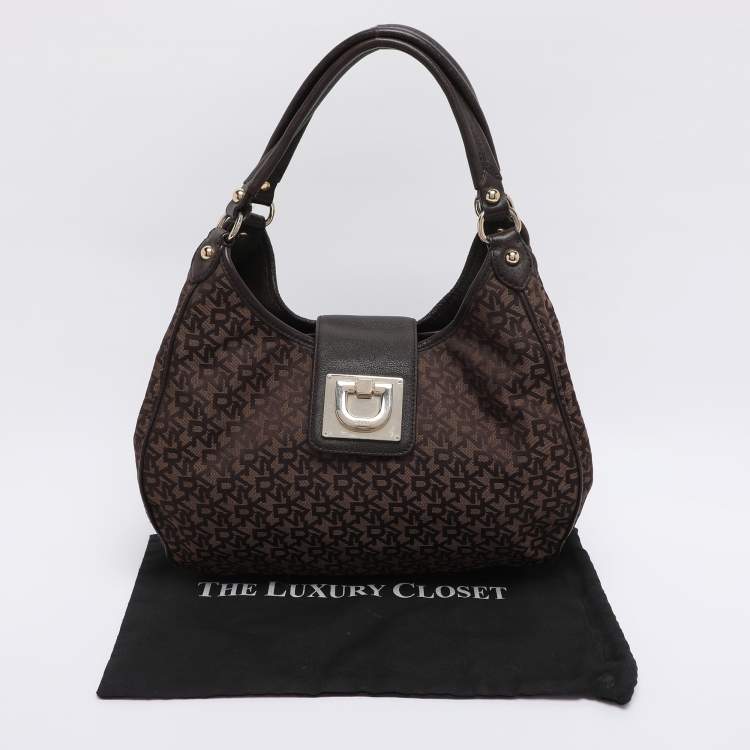 Pre Owned Dkny Brown Signature Canvas and Leather D Buckle Hobo