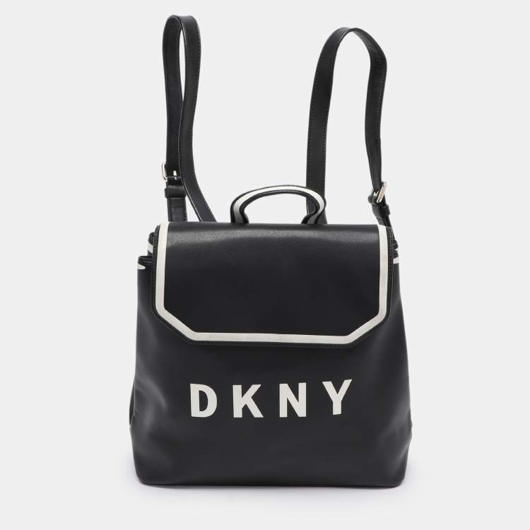 Pre Owned DKNY Black Leather Logo Print Jade Flap Backpack 