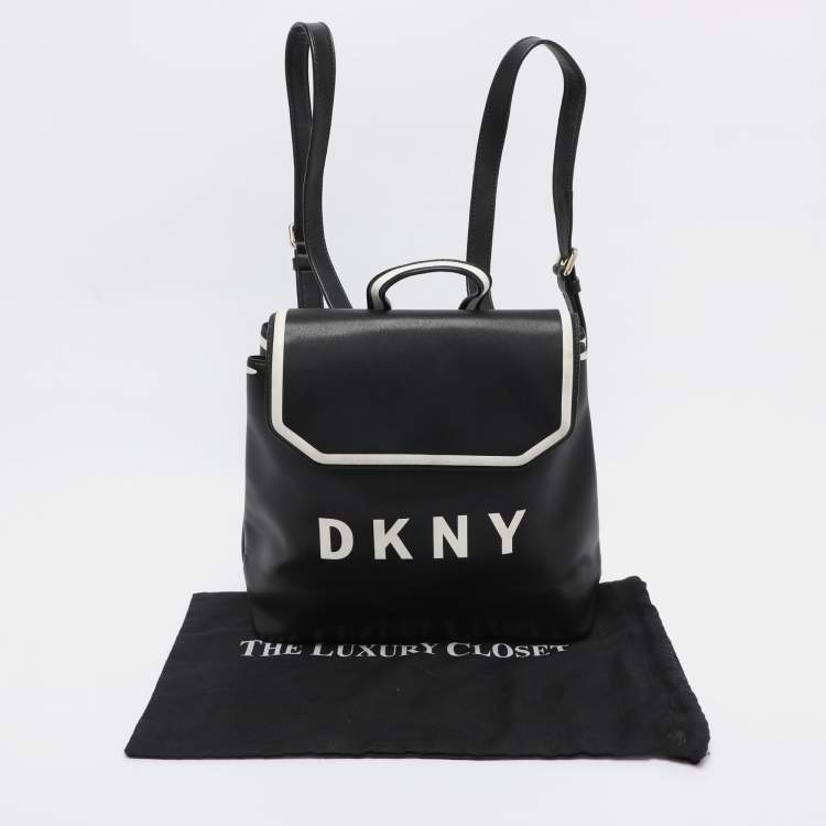 Pre Owned DKNY Black Leather Logo Print Jade Flap Backpack 
