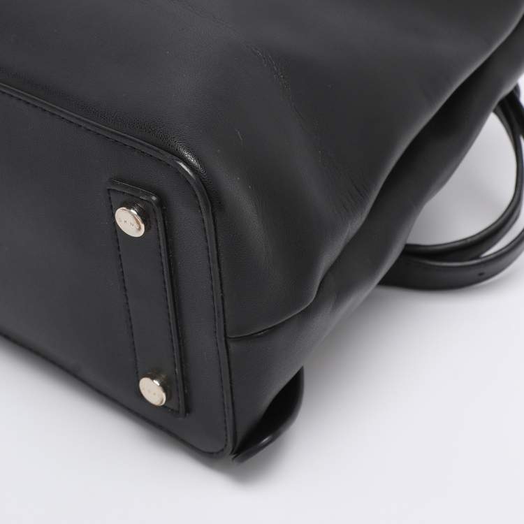 Pre Owned DKNY Black Leather Logo Print Jade Flap Backpack 