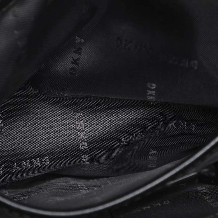 Pre Owned DKNY Black Leather Logo Print Jade Flap Backpack 