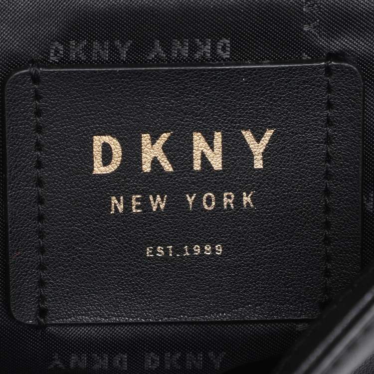 Pre Owned DKNY Black Leather Logo Print Jade Flap Backpack 