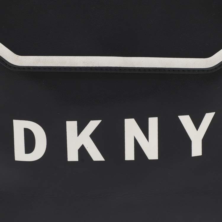Pre Owned DKNY Black Leather Logo Print Jade Flap Backpack 