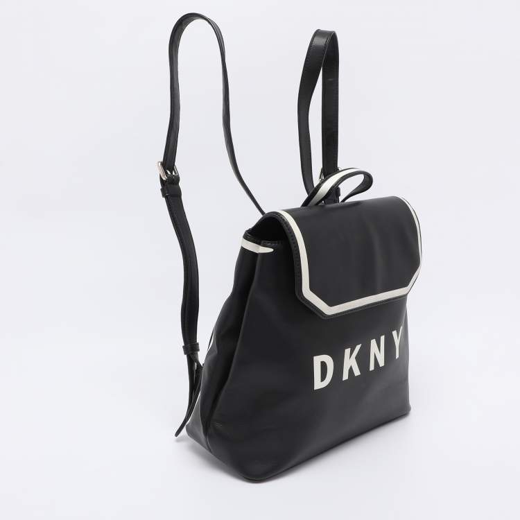 Pre Owned DKNY Black Leather Logo Print Jade Flap Backpack 